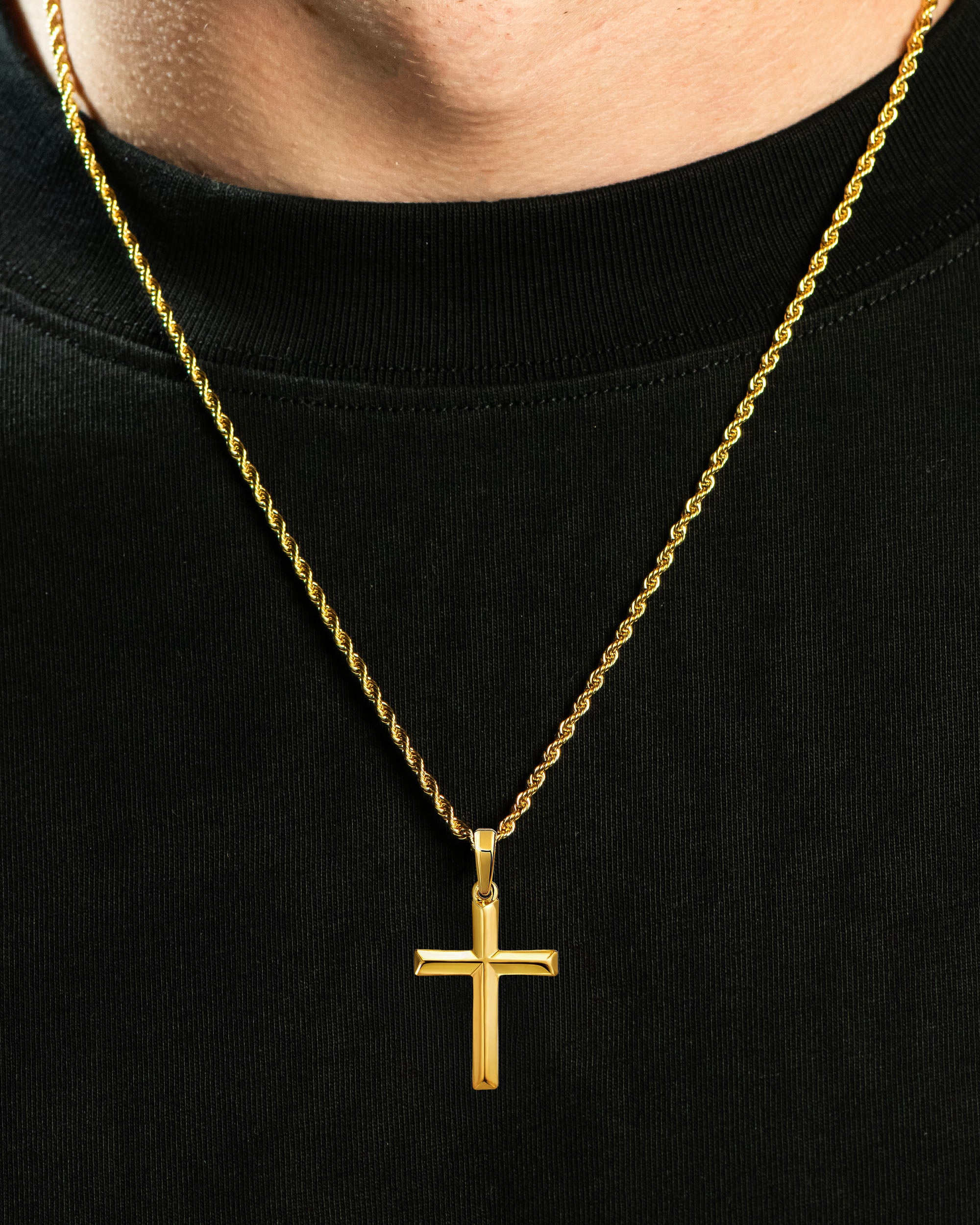 Bevel Cross Pendant Gold Neck Black Tee
