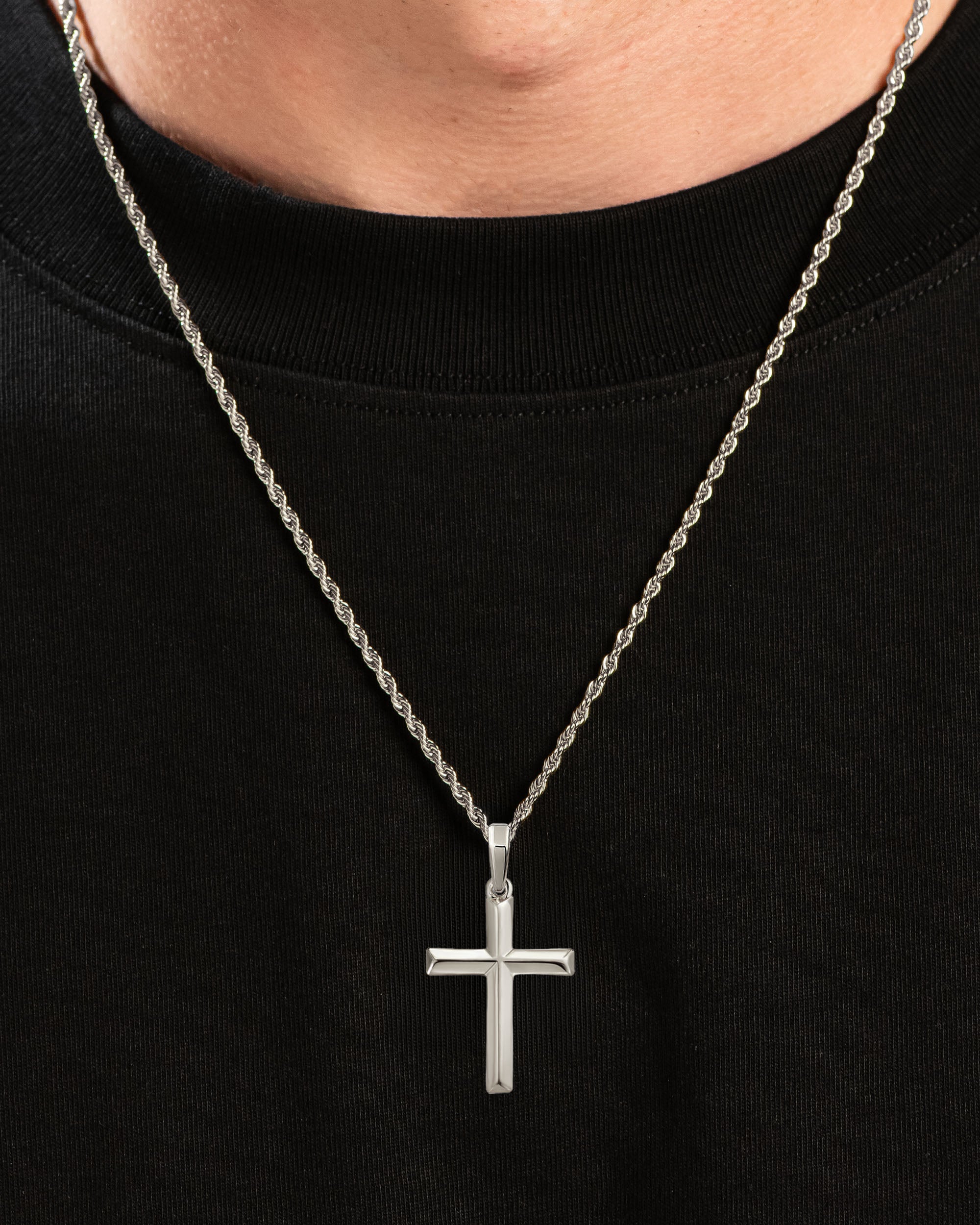 Bevel Cross Pendant Silver Neck Black Tee