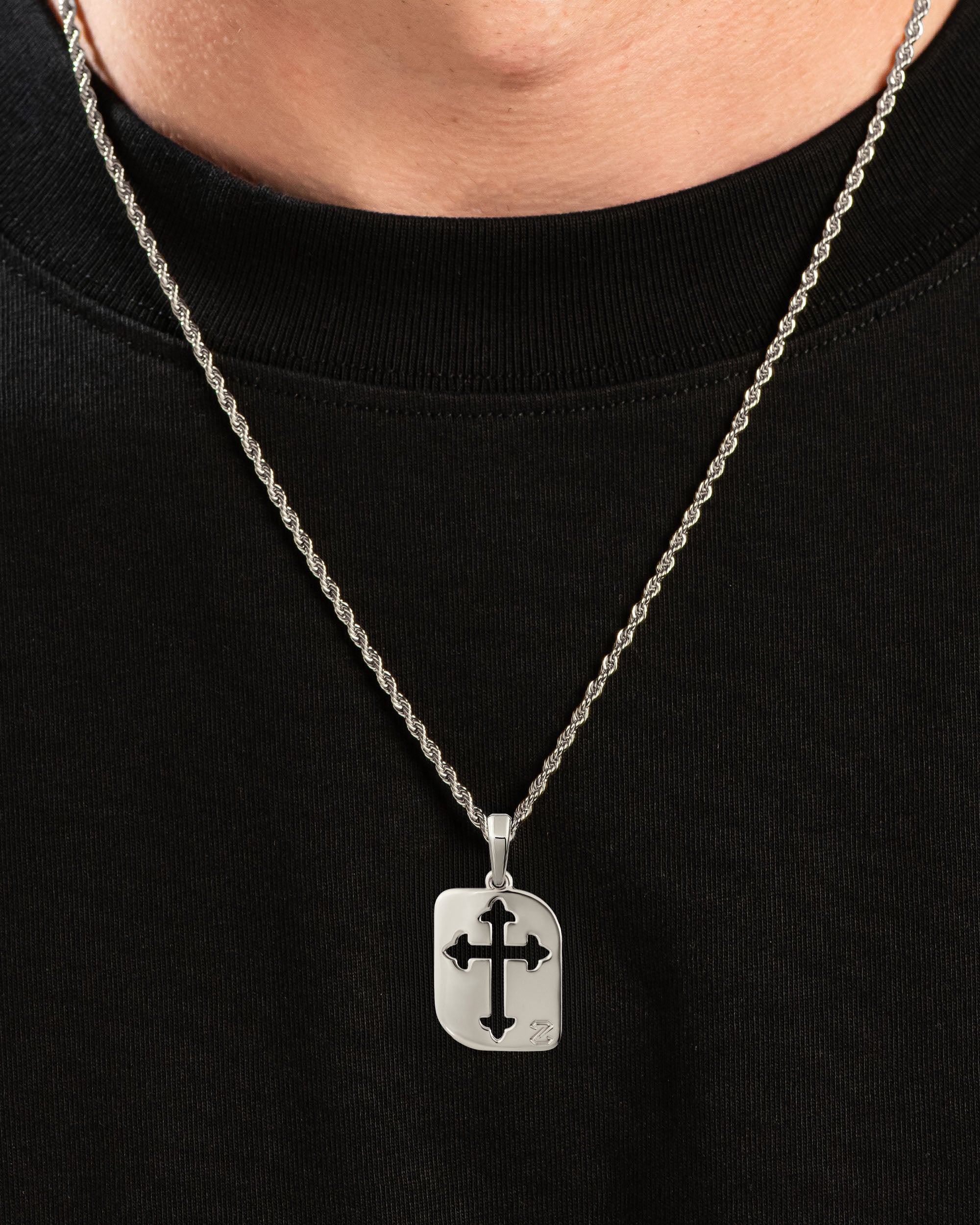 Cross Cut Tag Pendant Silver Neck Black Tee
