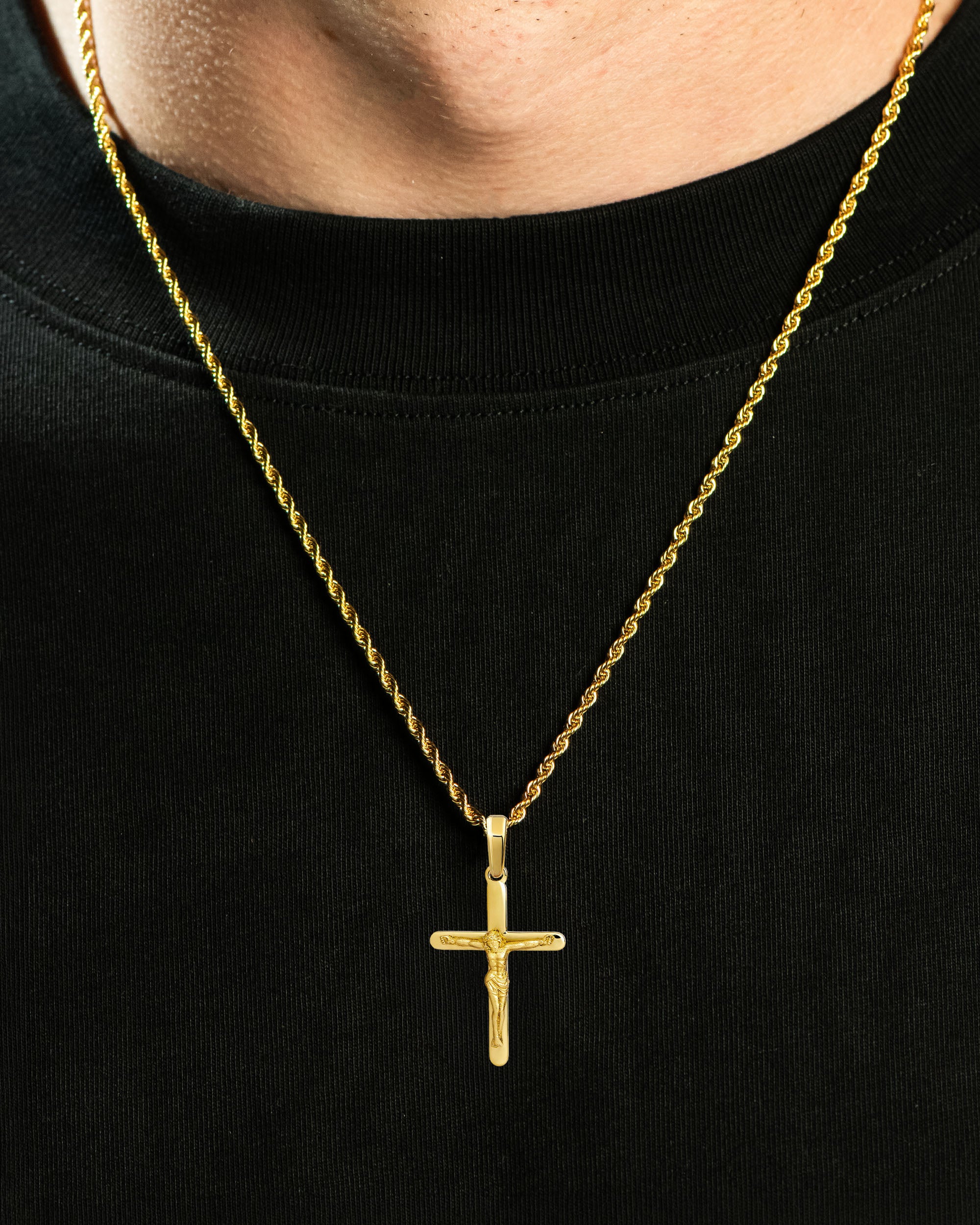 Crucifix Cross Pendant Gold Neck Black Tee