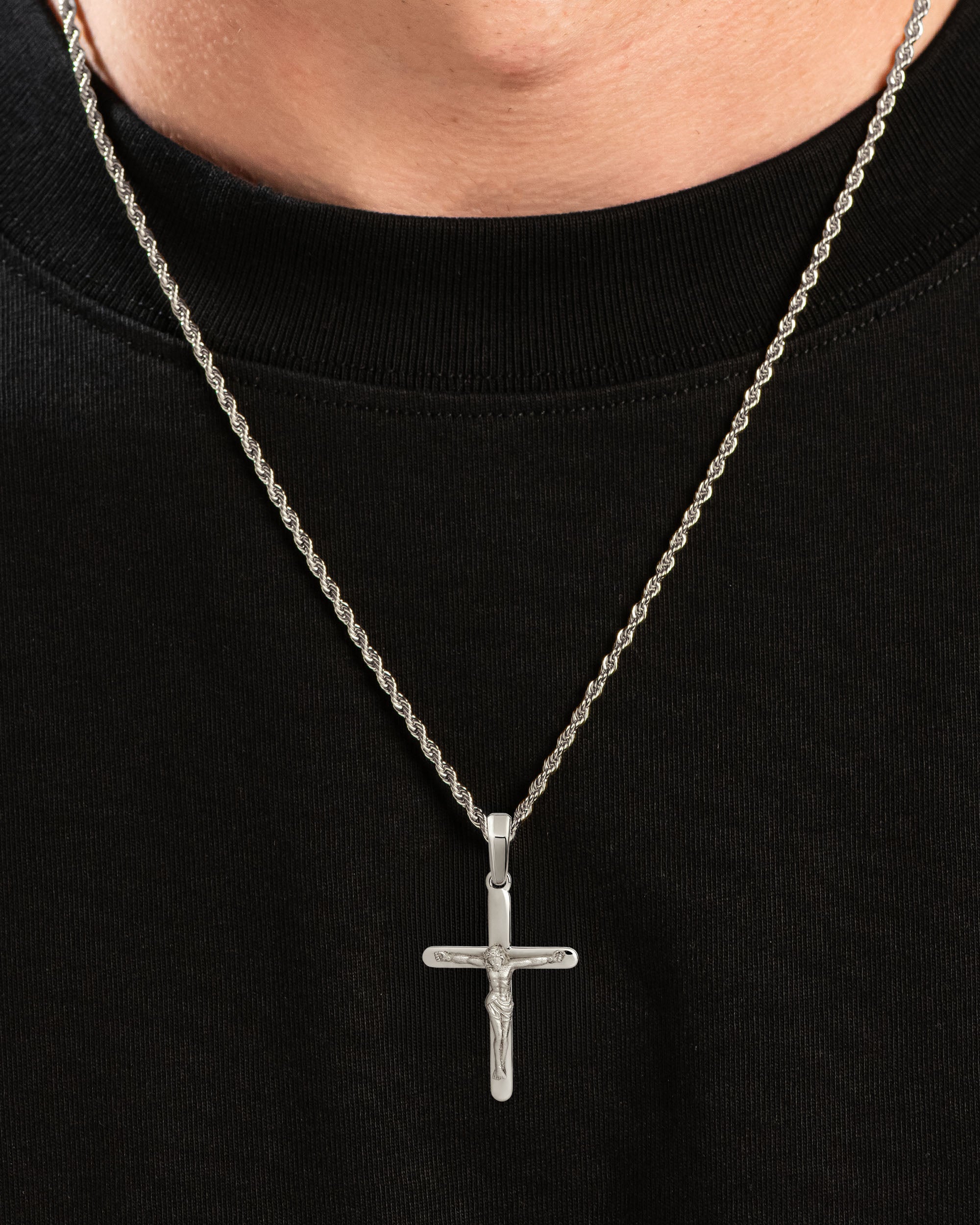 Crucifix Cross Pendant Silver Neck Black Tee
