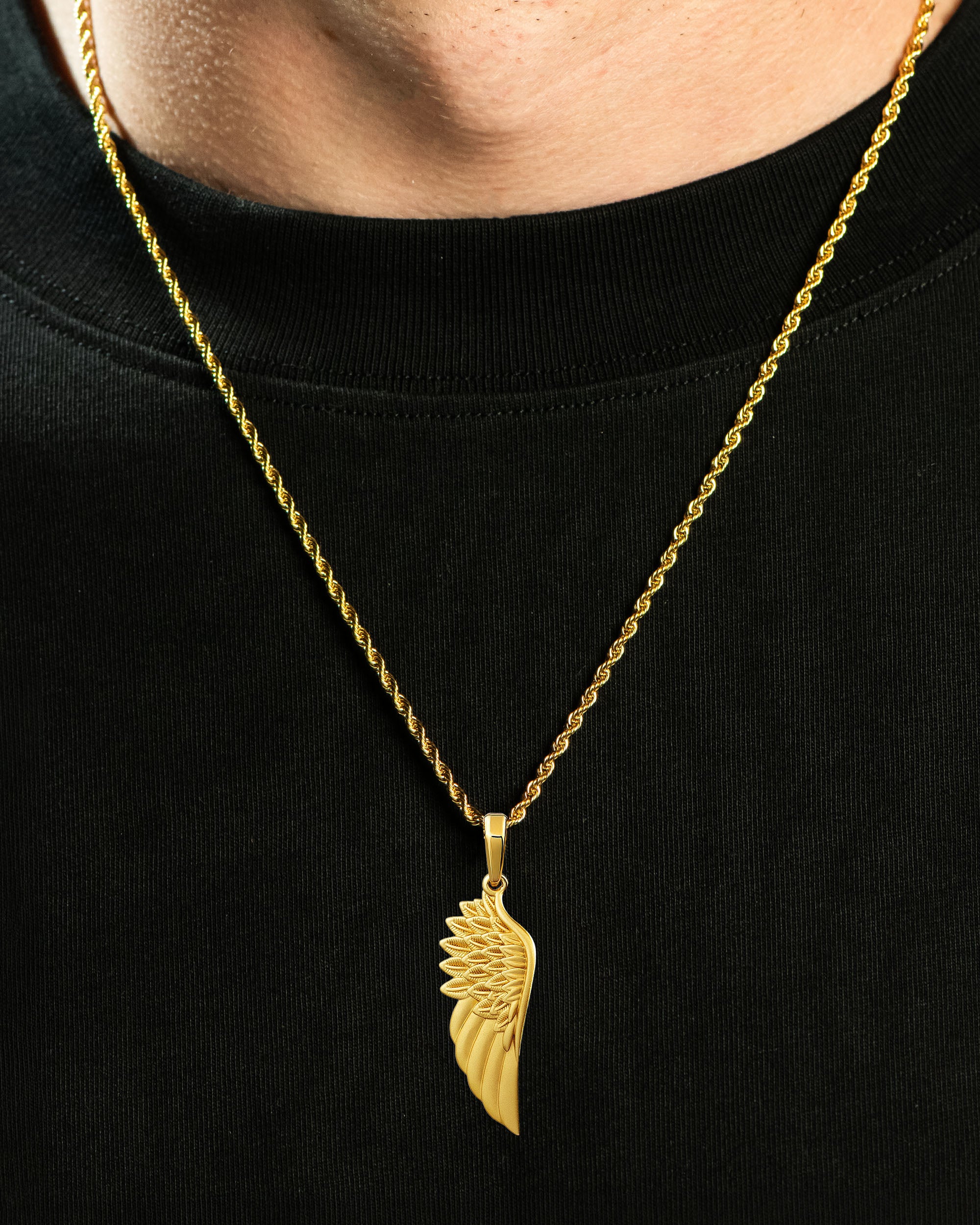 Feather Wing Pendant Gold Neck Black Tee