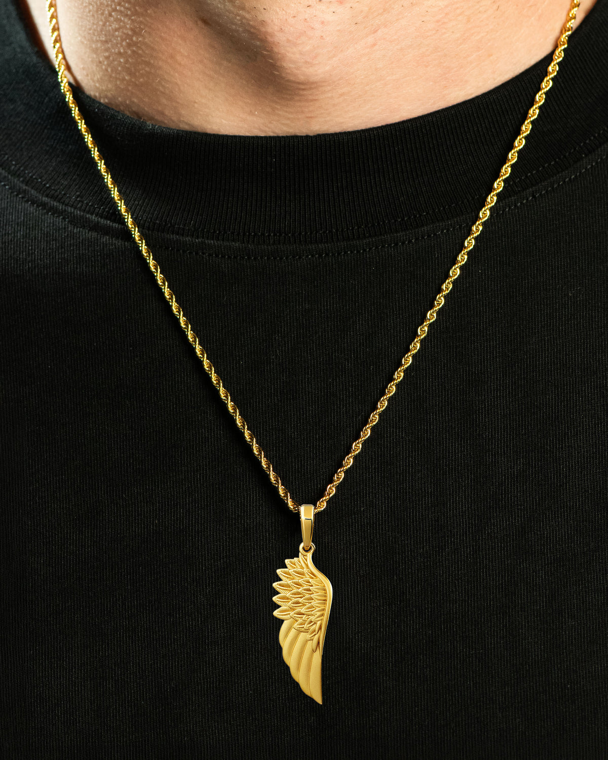 Feather Wing Pendant Gold Neck Black Tee