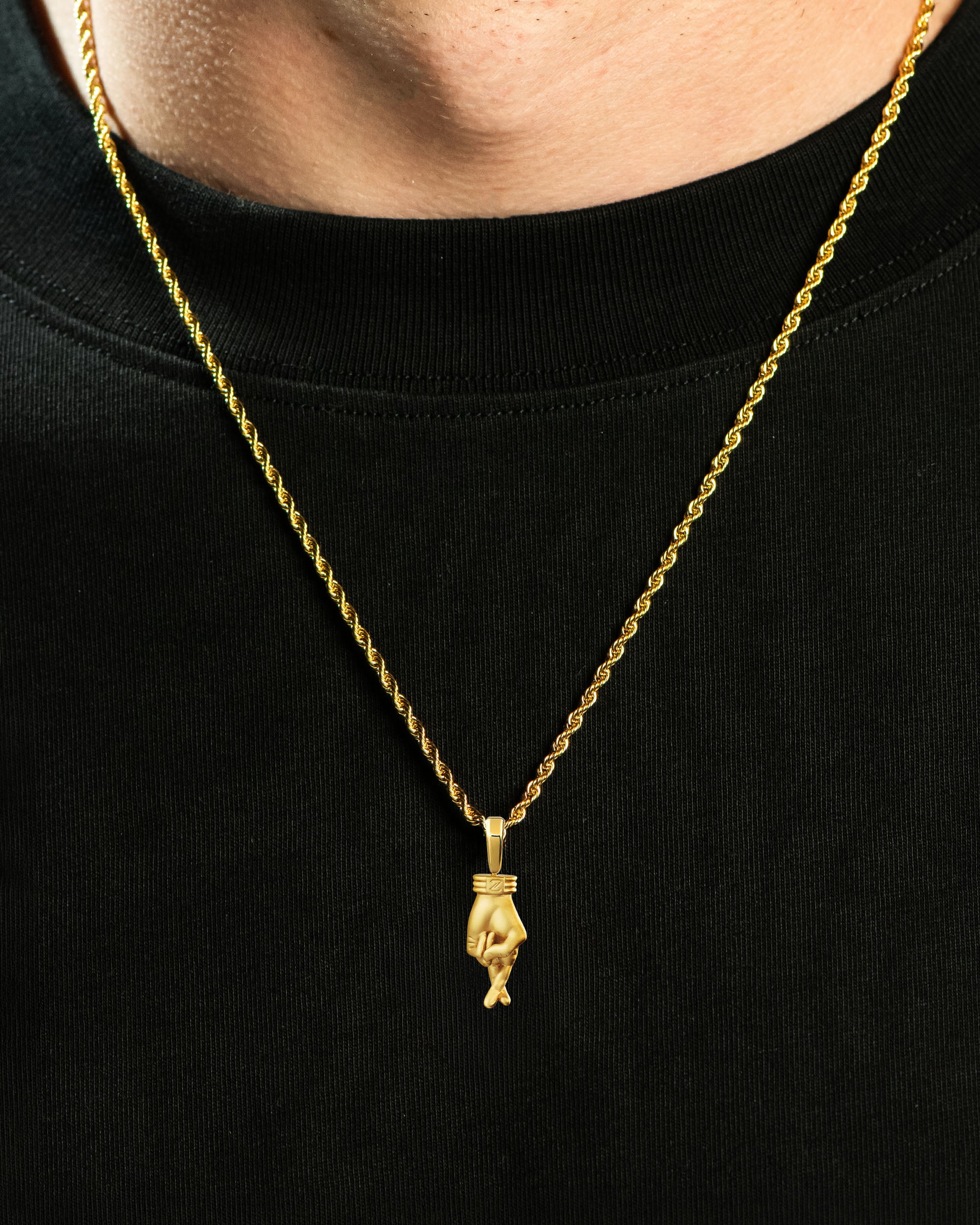 Fingers Crossed Pendant Gold Neck Black Tee