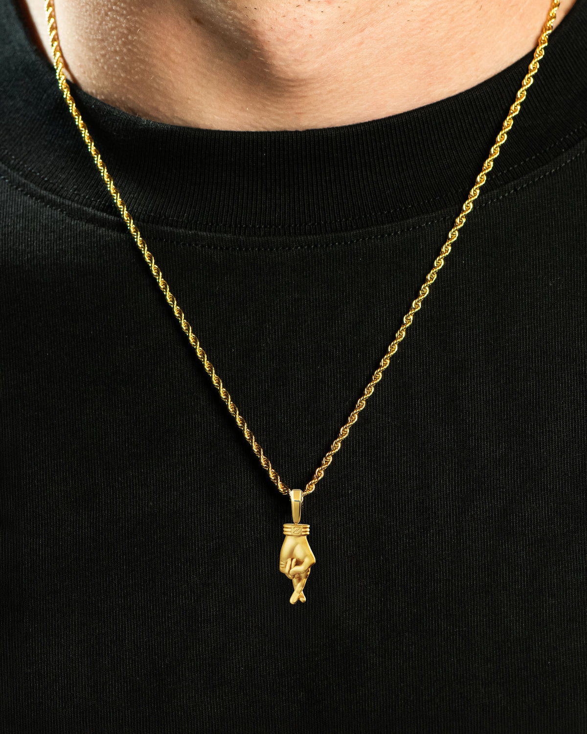 Fingers Crossed Pendant Gold Neck Black Tee