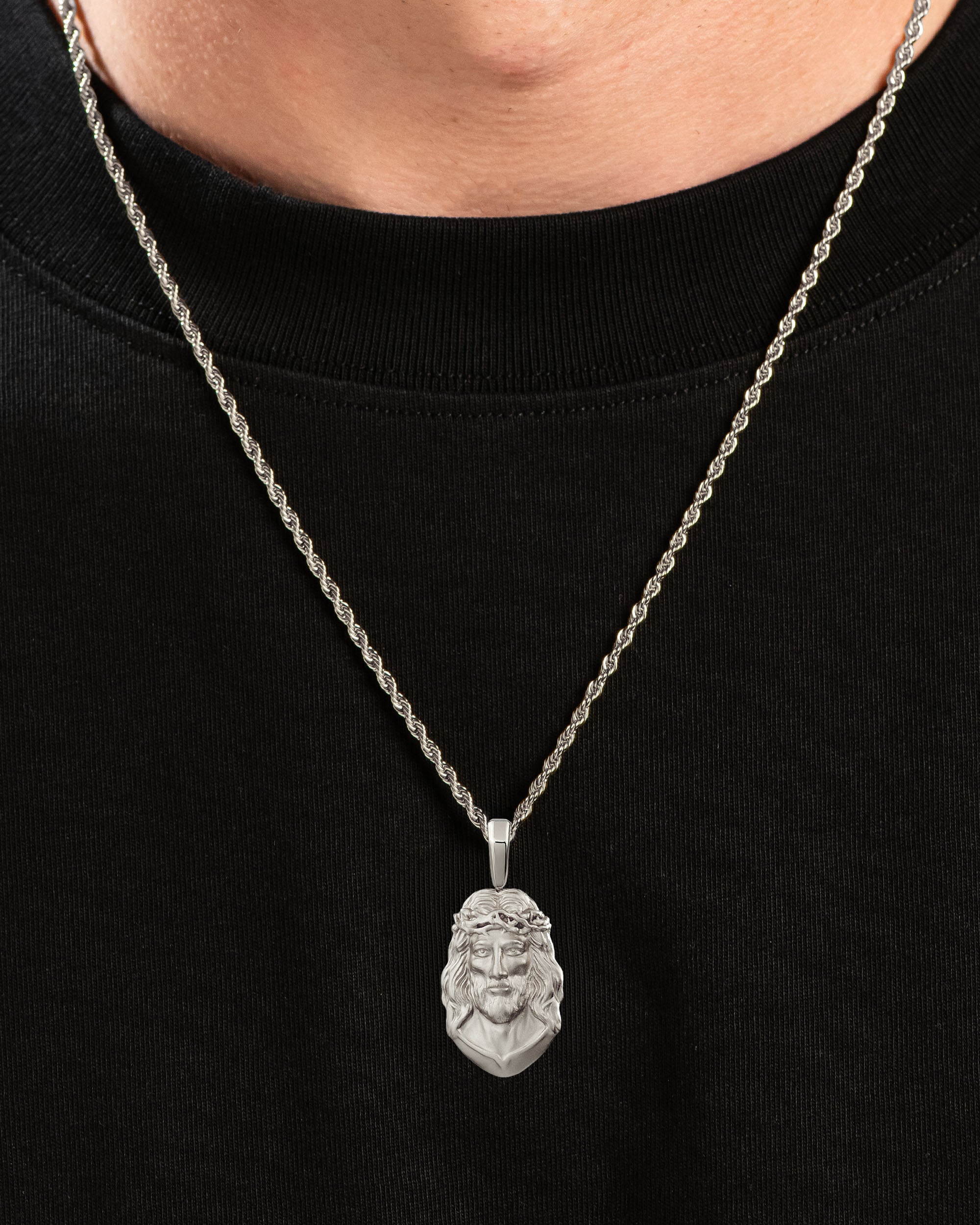 Jesus Piece Pendant Silver Neck Black Tee
