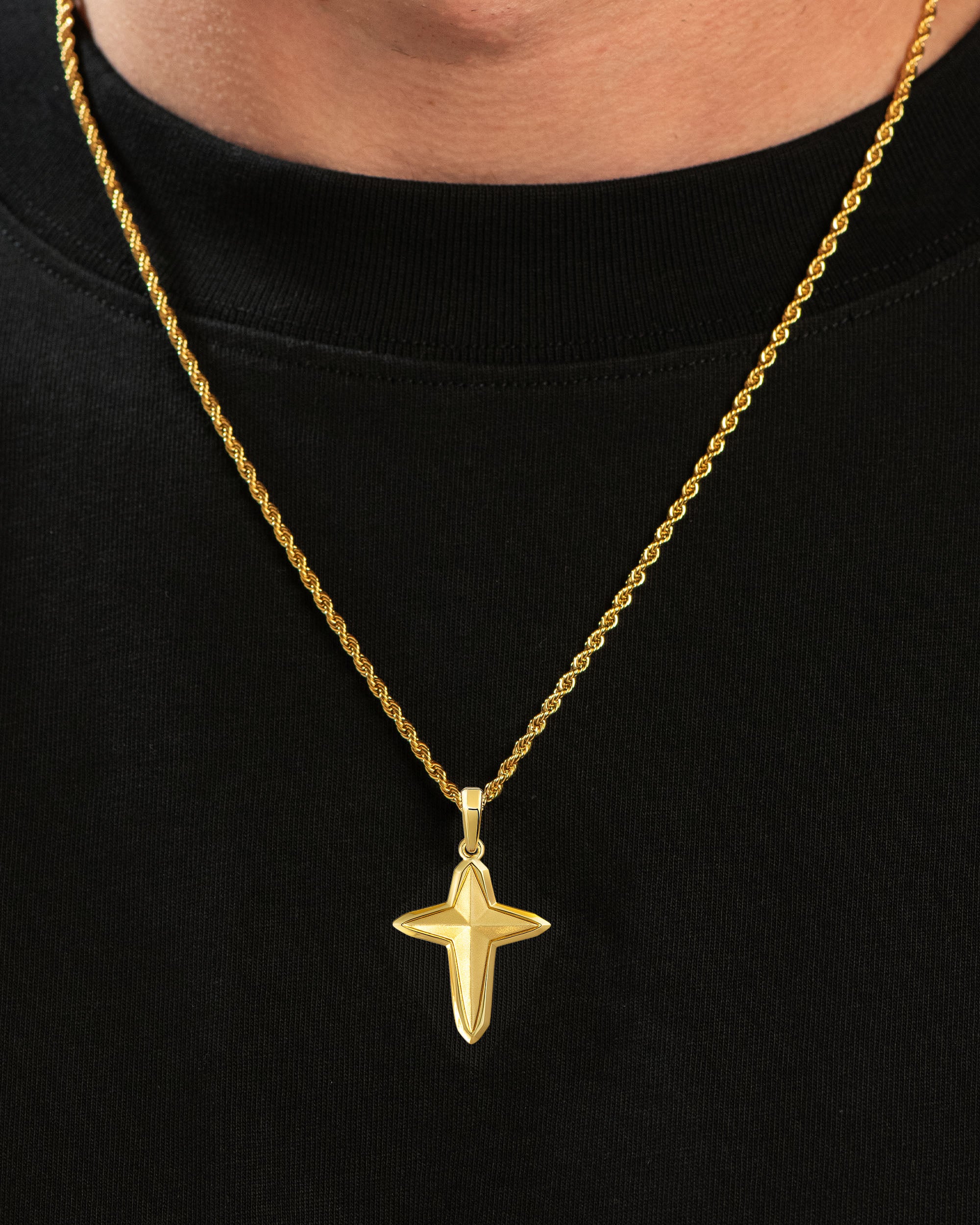 North Star Cross Pendant Gold Neck Black Tee
