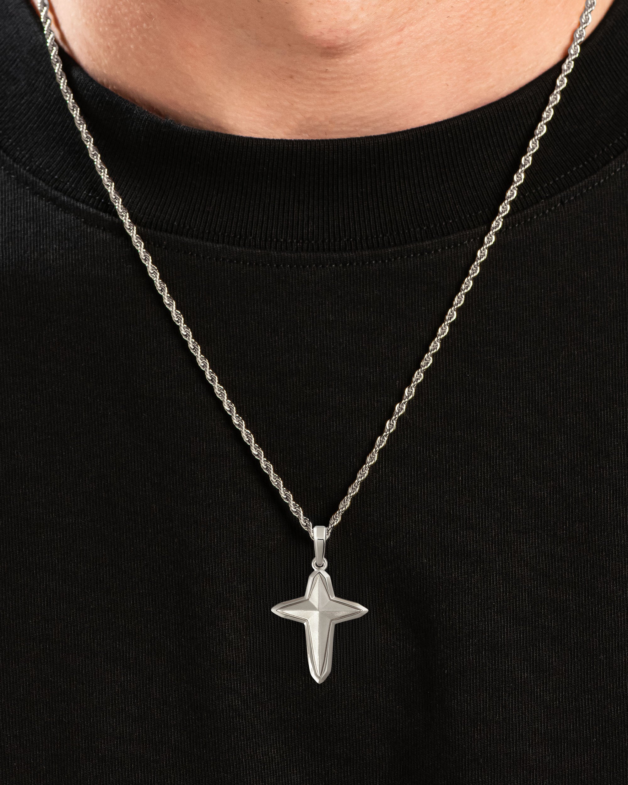 North Star Cross Pendant Silver Neck Black Tee