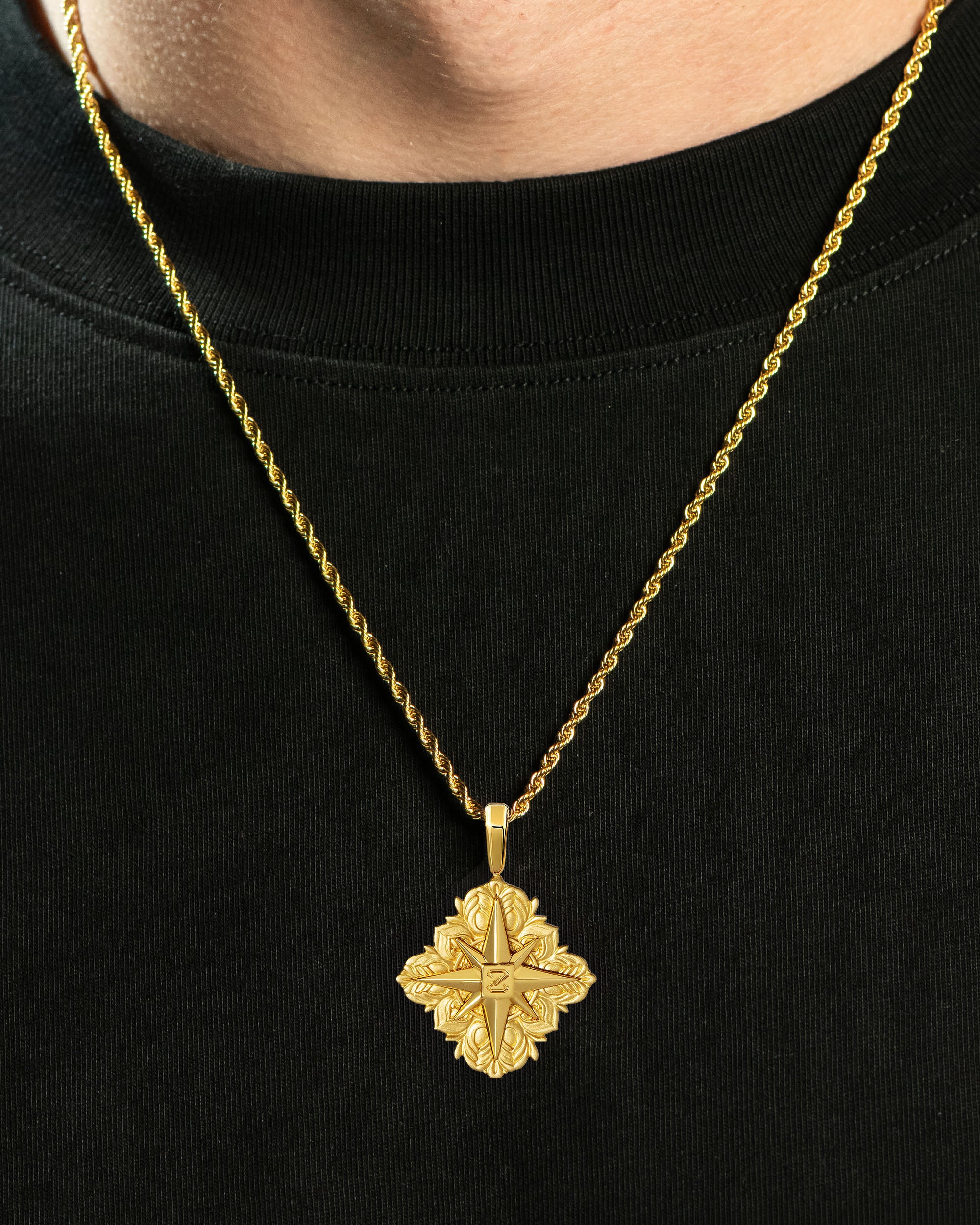 North Star Wonder Pendant Gold Neck Black Tee