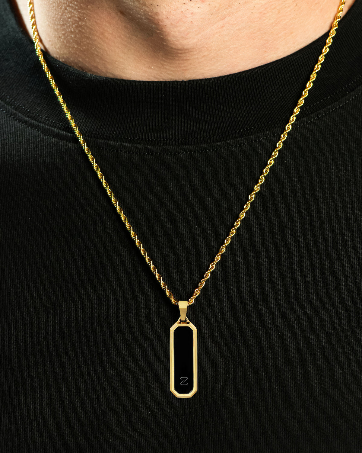 Onyx Bevel Long Tag Pendant Gold Neck Black Tee