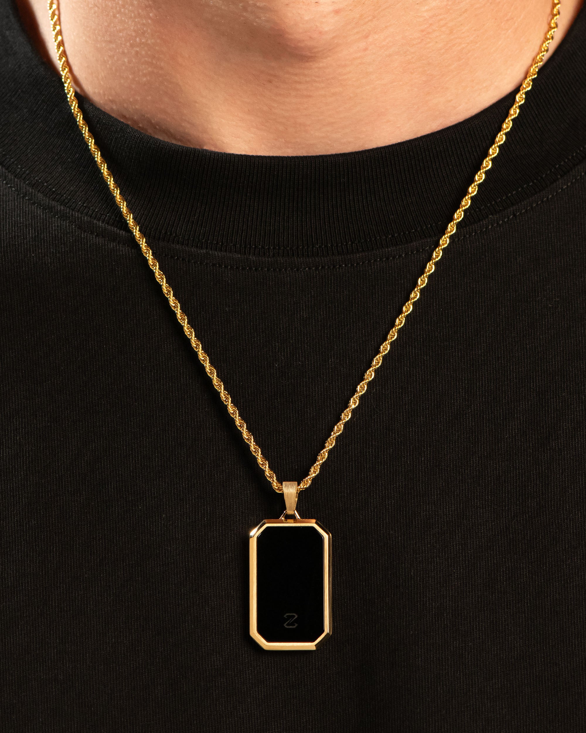 Onyx Bevel Tag Pendant Gold Neck Black Tee
