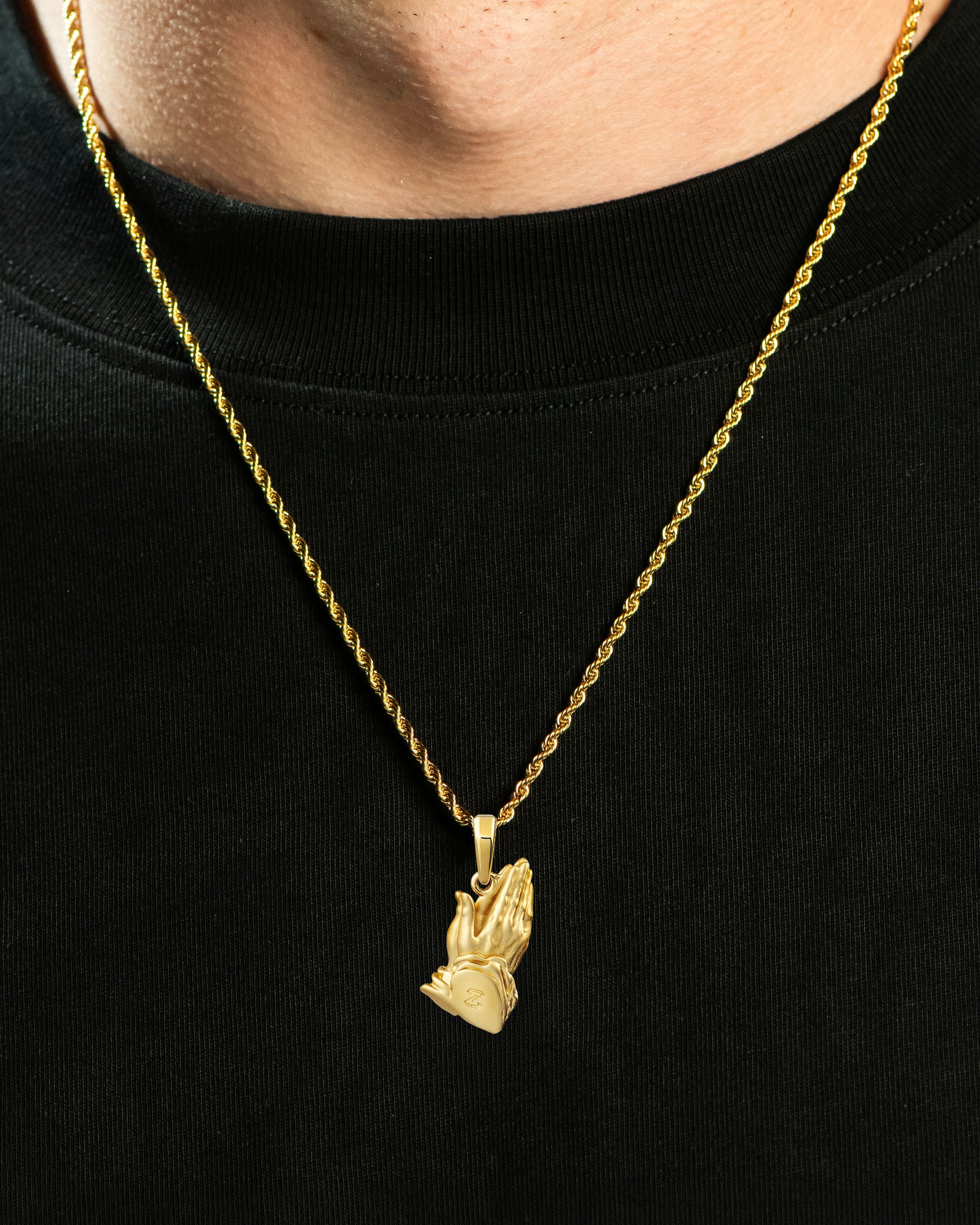 Pray Hands Pendant Gold Neck Black Tee