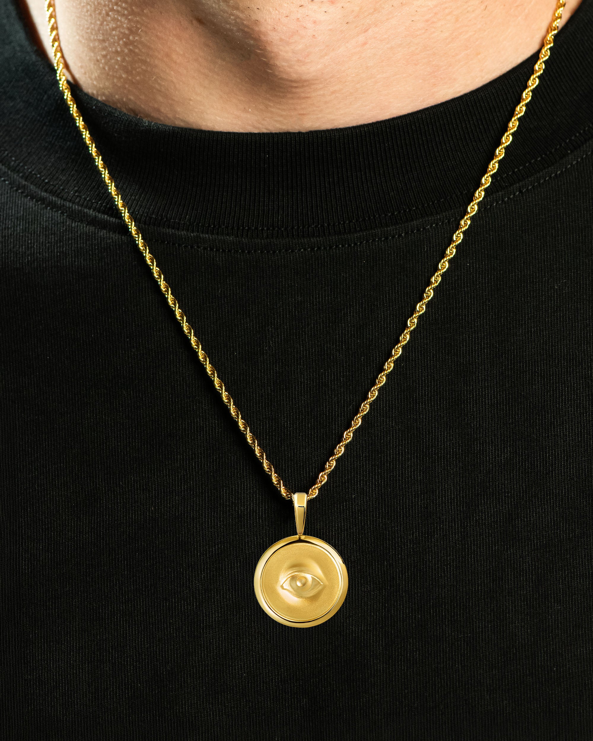 Providence Circle Eye Pendant Gold Neck Black Tee