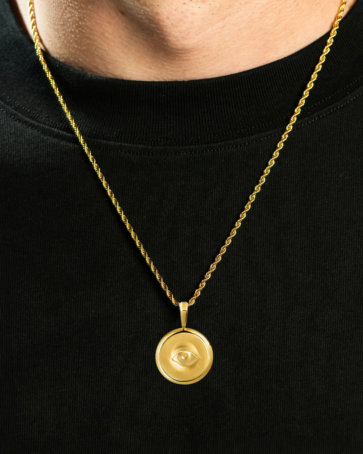 Providence Circle Eye Pendant Gold Neck Black Tee