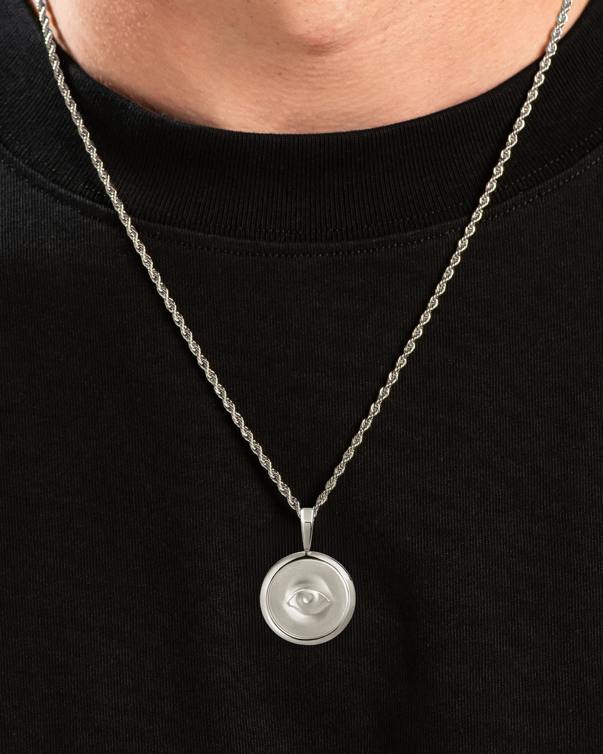 Providence Circle Eye Pendant Silver Neck Black Tee