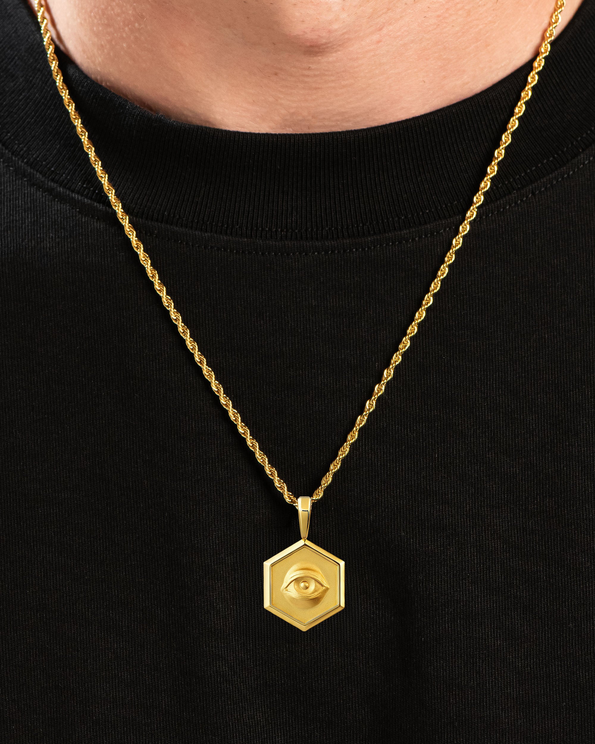 Providence Hexagon Eye Pendant Gold Neck Black Tee