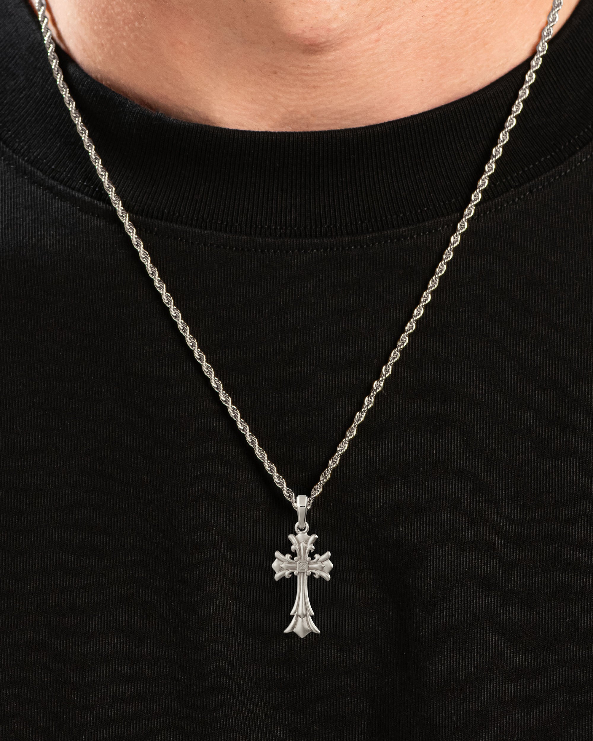 Royal Cross Pendant Silver Neck Black Tee
