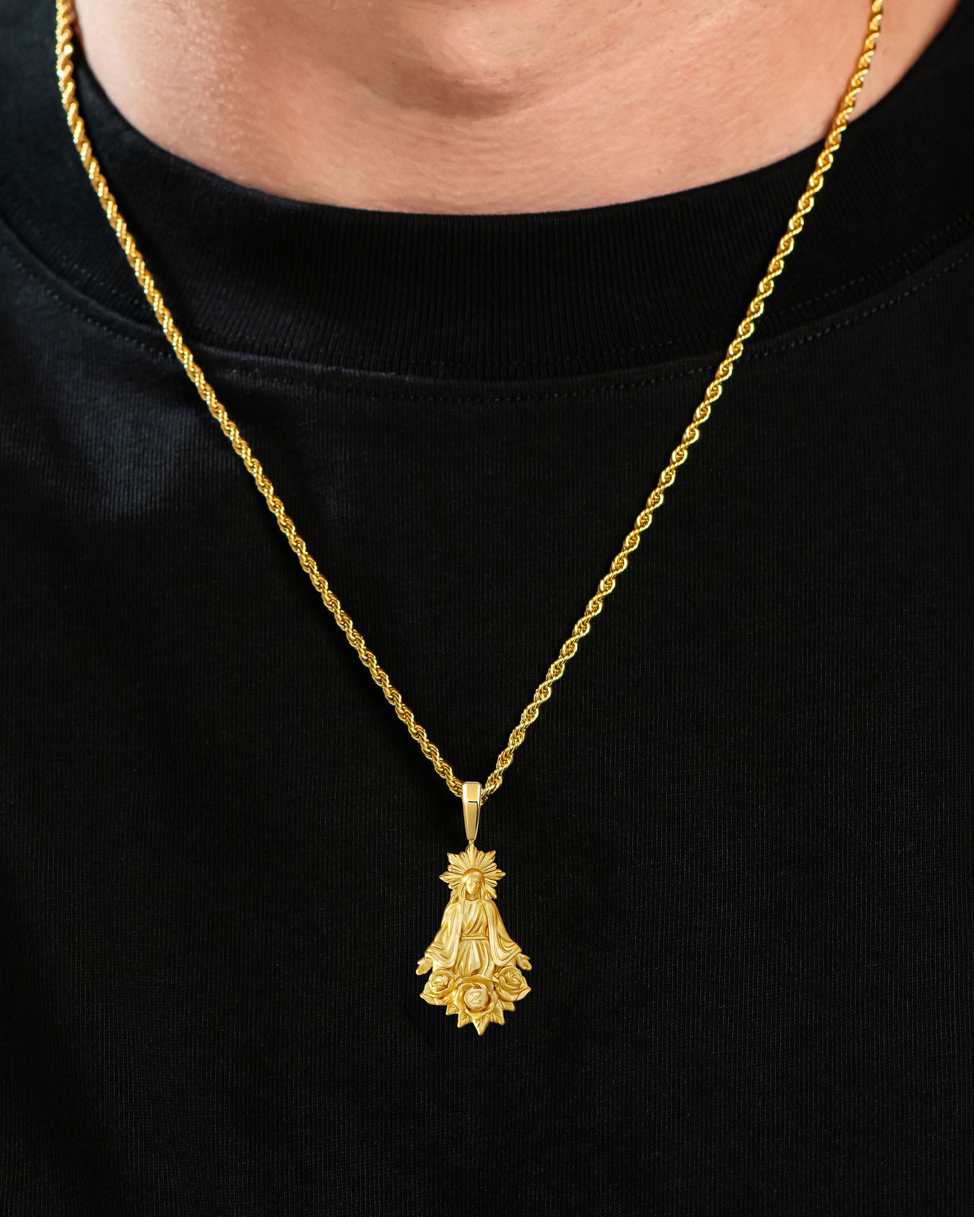 Saint Mary Pendant Gold Neck Black Tee
