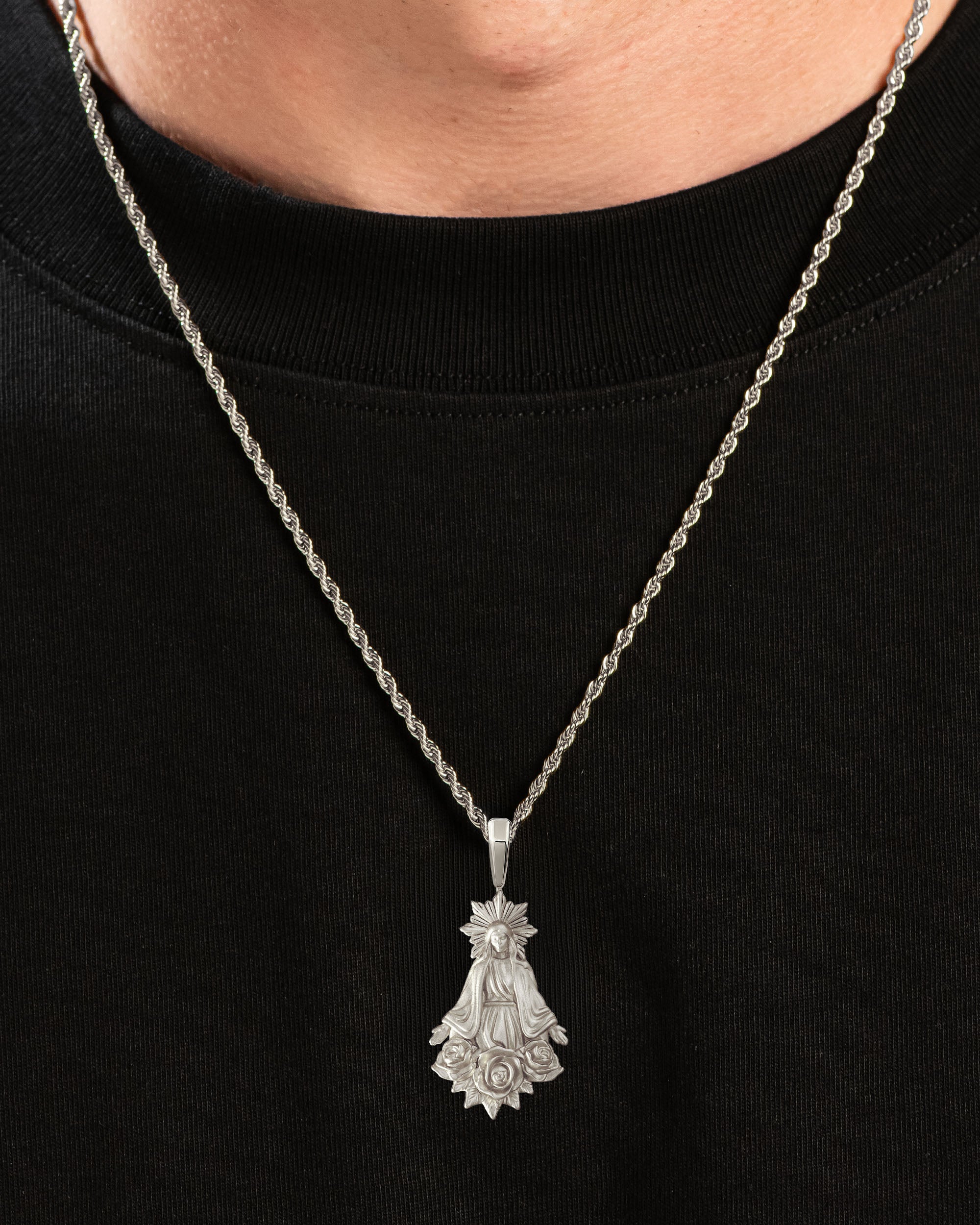 Saint Mary Pendant Silver Neck Black Tee